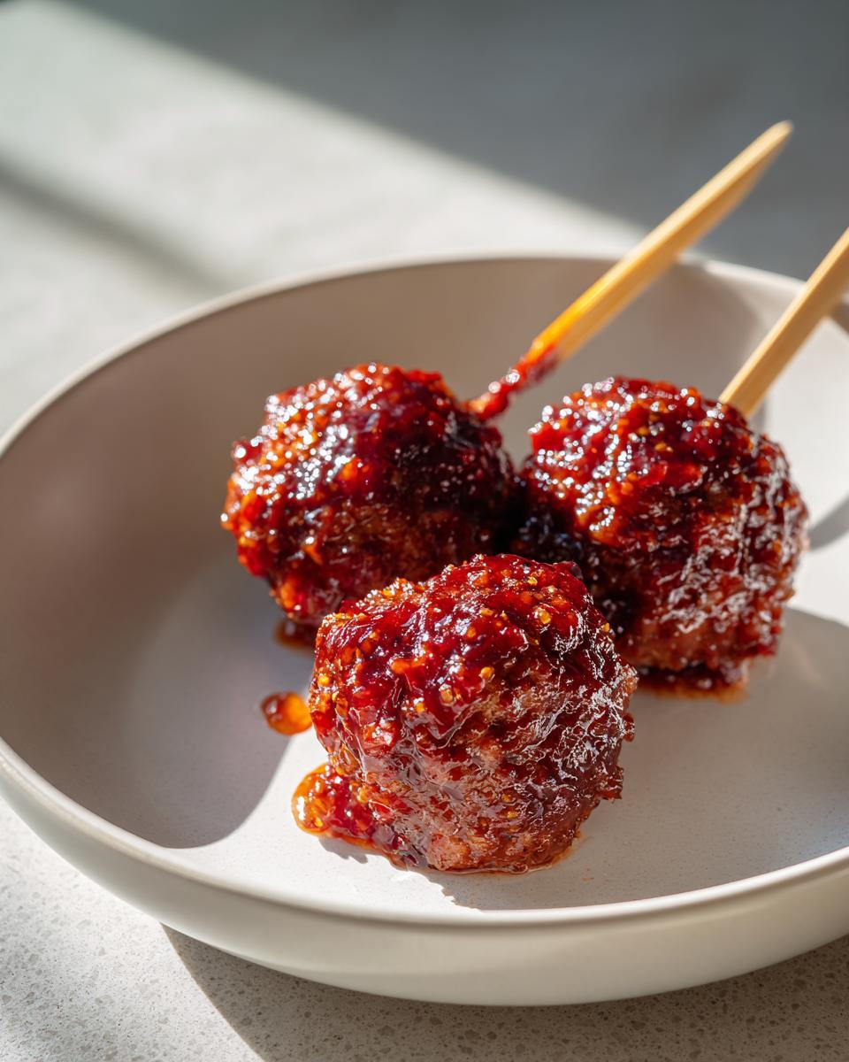Amazing 3-Minute Mini Meatball Skewers Glaze 5 Mini Meatball Skewers with Cranberry Glaze - detail 1